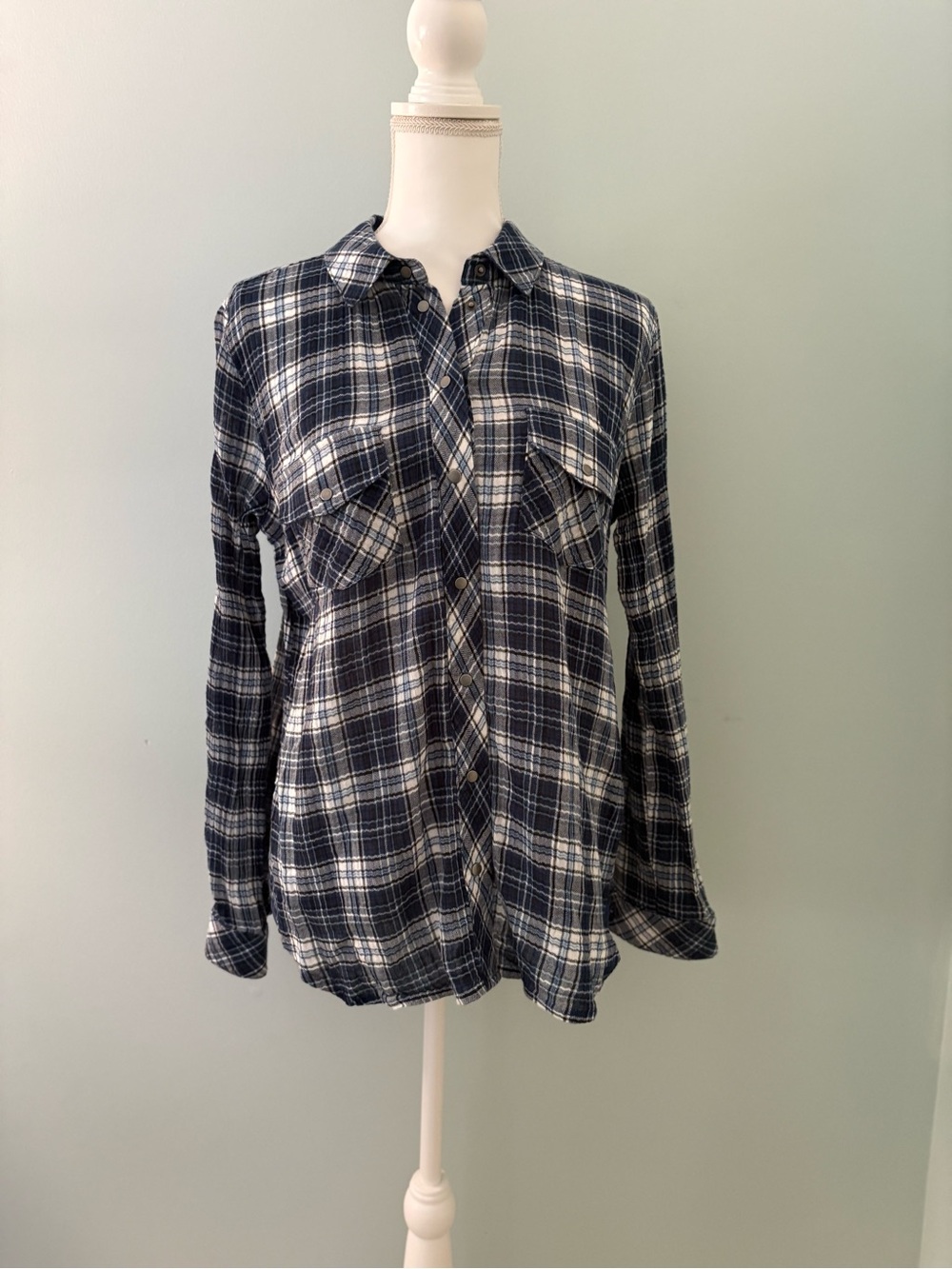 Kut from the Kloth Navy and White Plaid Snap Button Shirt